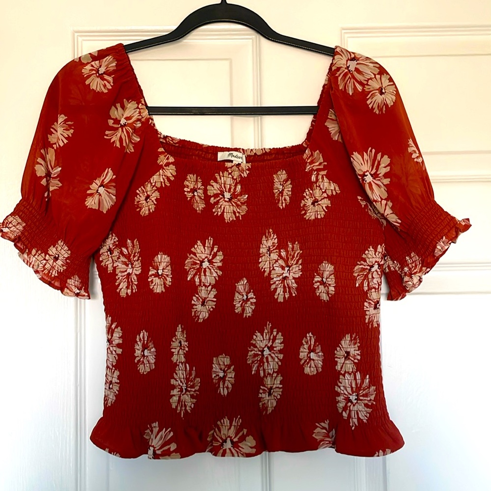 Madewell (Re)sourced Georgette Lucie Puff-sleeve Smocked Bodice Top (Size S)